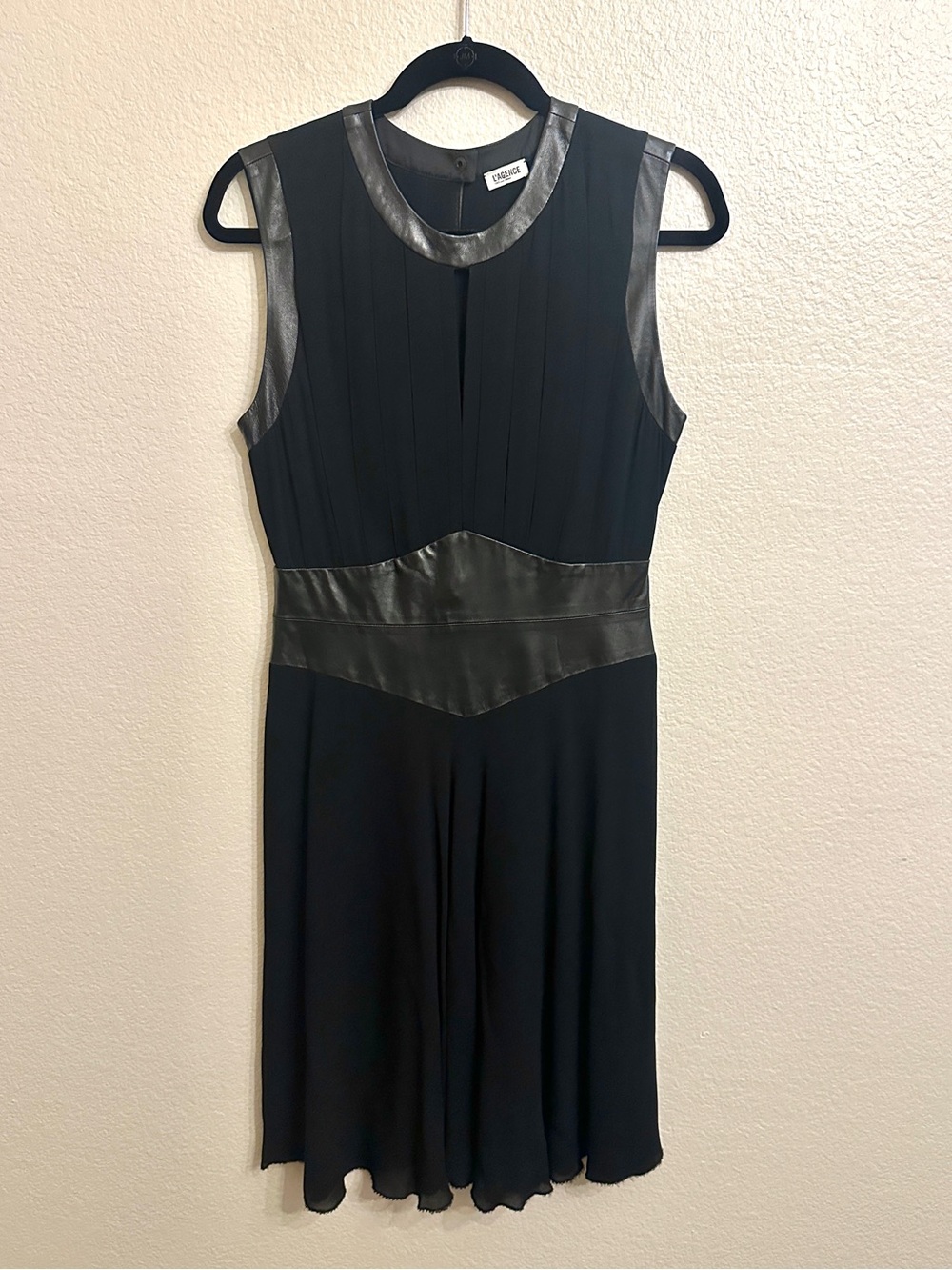 L’Agence Black Pleated Dress Size 6 Lambskin Leather Trim Sleeveless